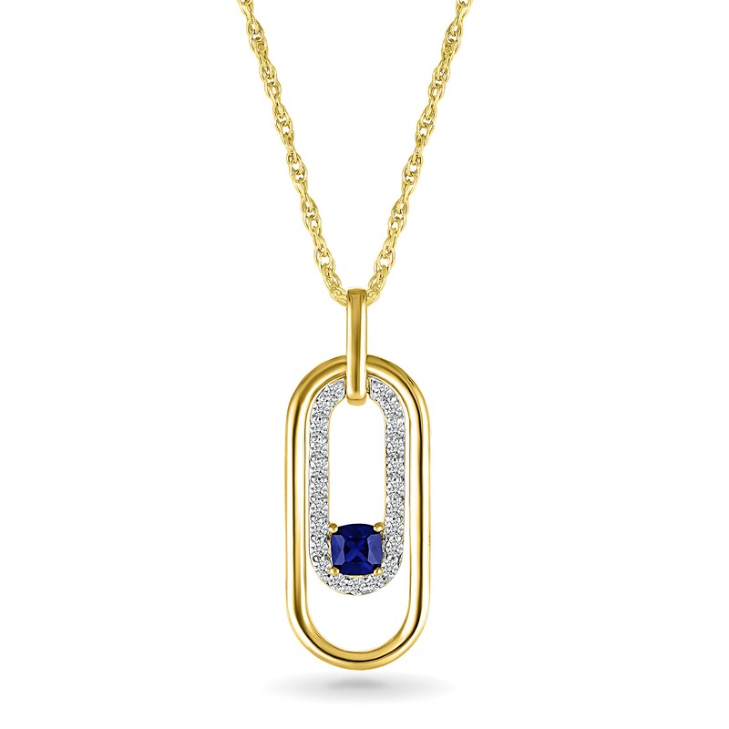 4.0mm Cushion-Cut Blue and White Lab-Created Sapphire Double Paper Clip Pendant in 10K Gold