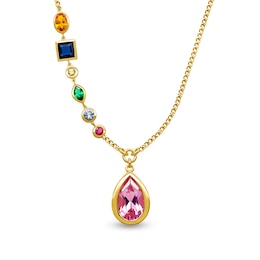 Pear-Shaped Bezel-Set Birthstone with Multi-Shaped Offset Station Necklace (2-7 Stones) - 17&quot;