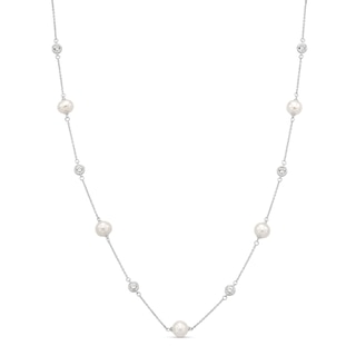 Vera Wang Love Collection Freshwater Cultured Pearl and White Topaz Alternating Station Necklace in Sterling Silver