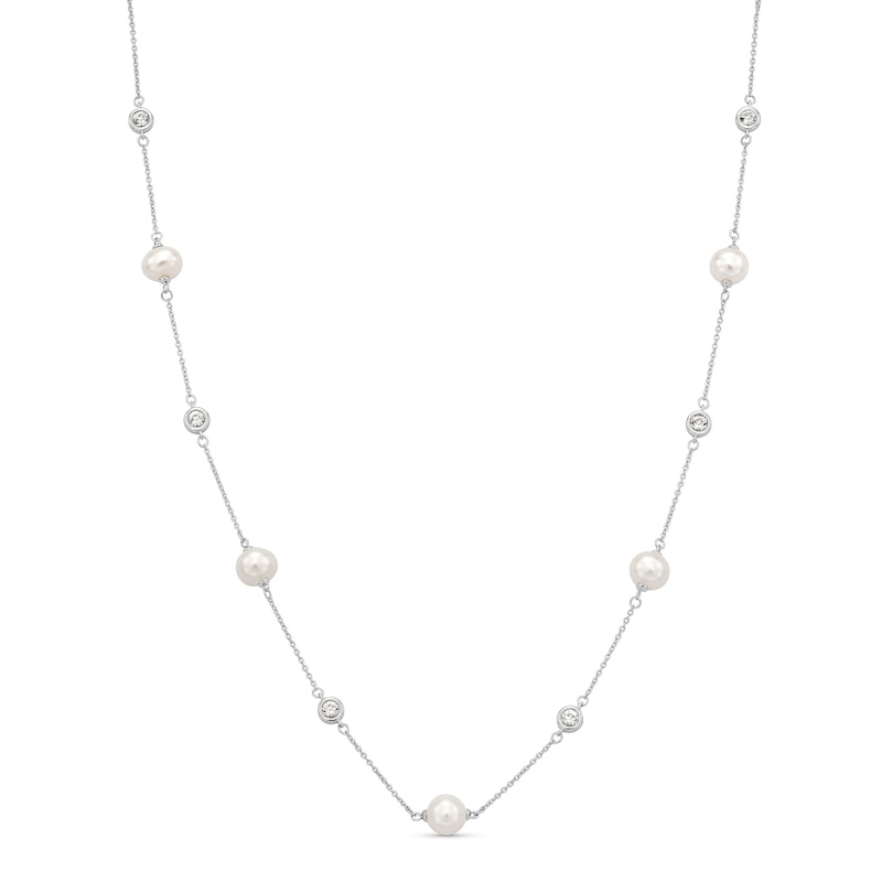 Vera Wang Love Collection Freshwater Cultured Pearl and White Topaz Alternating Station Necklace in Sterling Silver