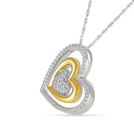 0.23 CT. T.W. Diamond Tilted Triple Heart Pendant in Sterling Silver and 10K Gold