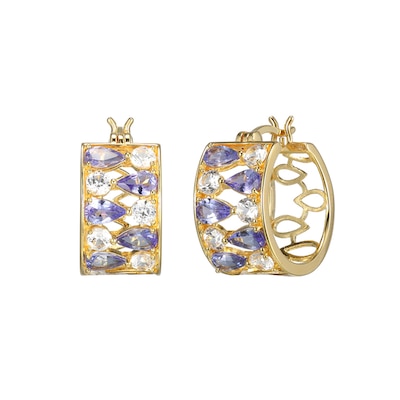 Pear-Shaped Tanzanite and White Lab-Created Sapphire Alternating Hoop Earrings in Sterling Silver with 18K Gold Plate