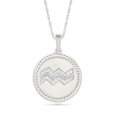 0.085 CT. T.W. Diamond Aquarius Zodiac Sign Rope-Textured Frame Disc Pendant in Sterling Silver