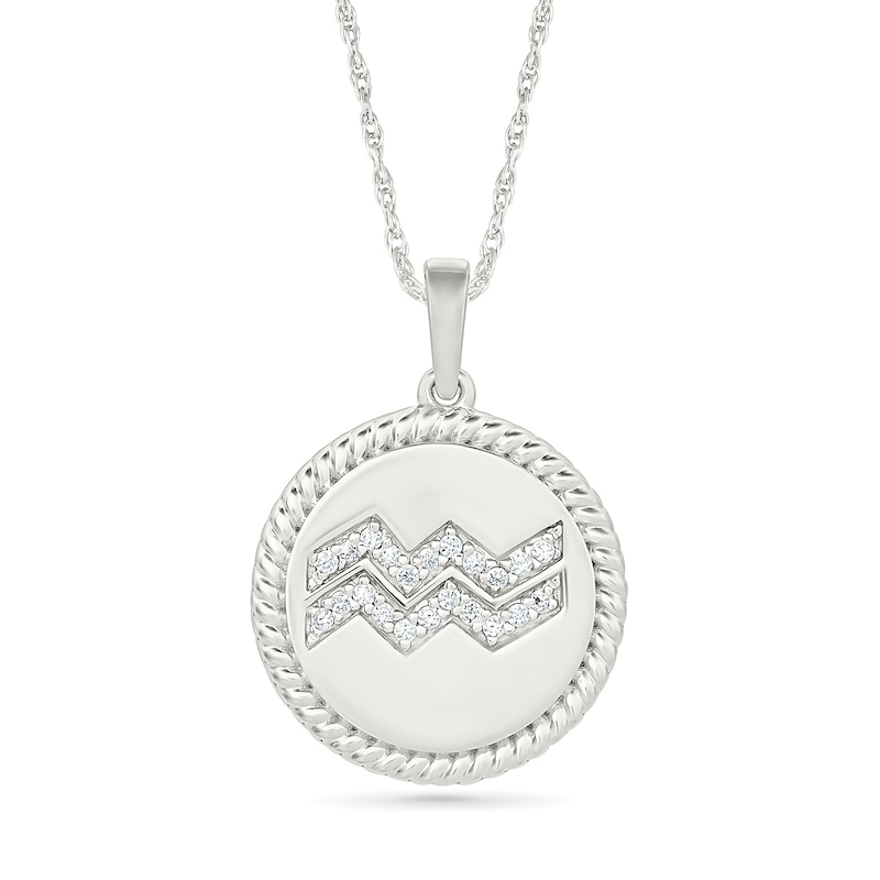 0.085 CT. T.W. Diamond Aquarius Zodiac Sign Rope-Textured Frame Disc Pendant in Sterling Silver|Peoples Jewellers