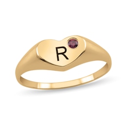 Gemstone Engravable Initial Heart-Shaped Signet Ring (1 Stone and Initial)