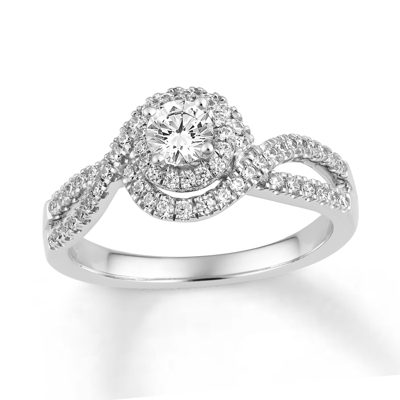 Main Image 1 of 0.69 CT. T.W. Diamond Double Frame Bypass Split Shank Engagement Ring in 14K White Gold