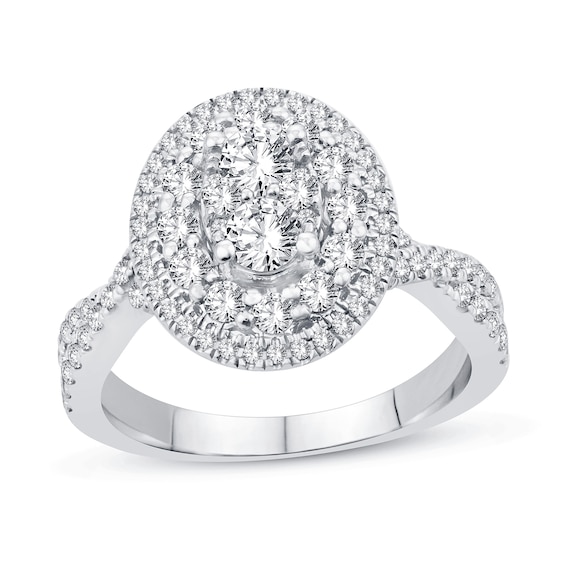 1.23 CT. T.W. Oval-Shaped Multi-Diamond Double Frame Twist Shank Engagement Ring in 14K White Gold