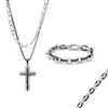 Double Strand Cross Necklace and Link Chain Bracelet Set in Stainless Steel and Black Ion Plate - 22"