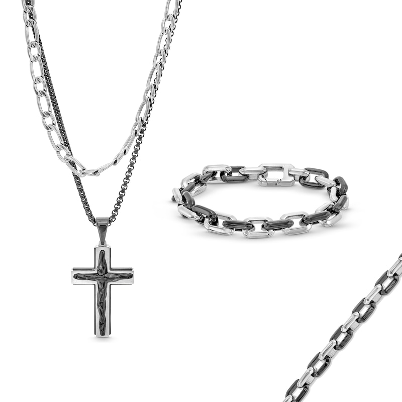 Double Strand Cross Necklace and Link Chain Bracelet Set in Stainless Steel and Black Ion Plate - 22"