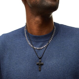 Double Strand Cross Necklace and Link Chain Bracelet Set in Stainless Steel and Black Ion Plate - 22"