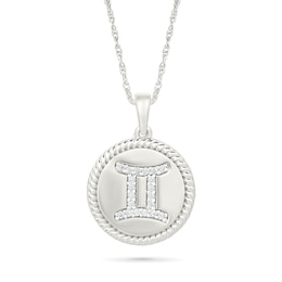 0.085 CT. T.W. Diamond Gemini Zodiac Sign Rope-Textured Frame Disc Pendant in Sterling Silver