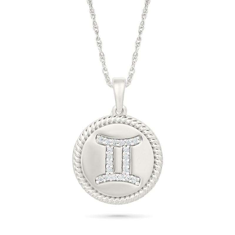 0.085 CT. T.W. Diamond Gemini Zodiac Sign Rope-Textured Frame Disc Pendant in Sterling Silver|Peoples Jewellers