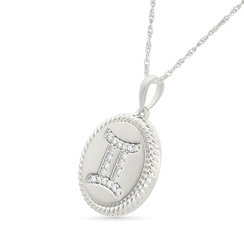 0.085 CT. T.W. Diamond Gemini Zodiac Sign Rope-Textured Frame Disc Pendant in Sterling Silver