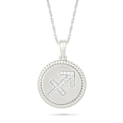 0.085 CT. T.W. Diamond Sagittarius Zodiac Sign Rope-Textured Frame Disc Pendant in Sterling Silver