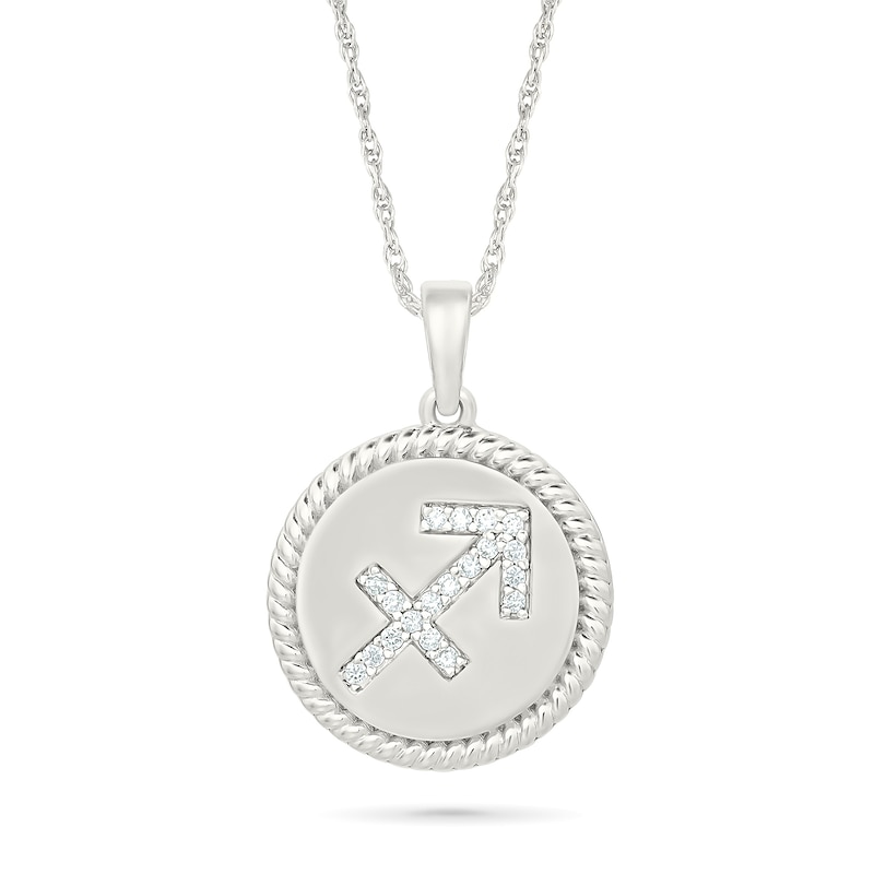 0.085 CT. T.W. Diamond Sagittarius Zodiac Sign Rope-Textured Frame Disc Pendant in Sterling Silver|Peoples Jewellers