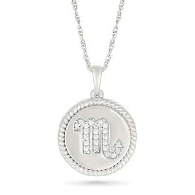 0.085 CT. T.W. Diamond Scorpio Zodiac Sign Rope-Textured Frame Disc Pendant in Sterling Silver