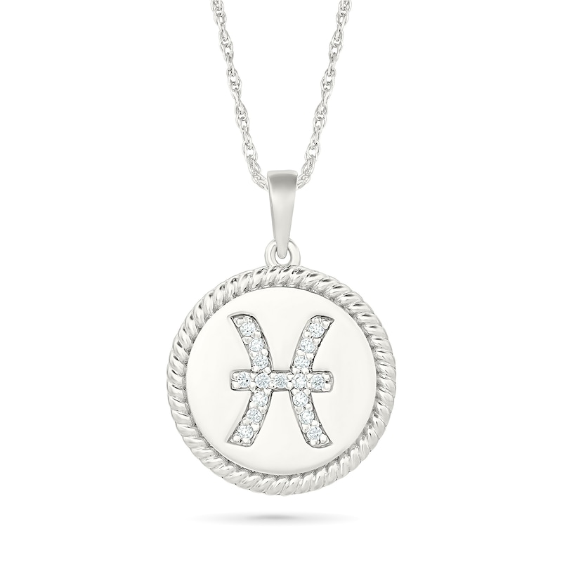 0.085 CT. T.W. Diamond Pisces Zodiac Sign Rope-Textured Frame Disc Pendant in Sterling Silver|Peoples Jewellers