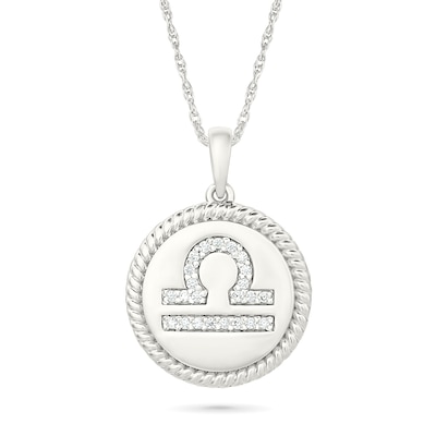 0.085 CT. T.W. Diamond Libra Zodiac Sign Rope-Textured Frame Disc Pendant in Sterling Silver