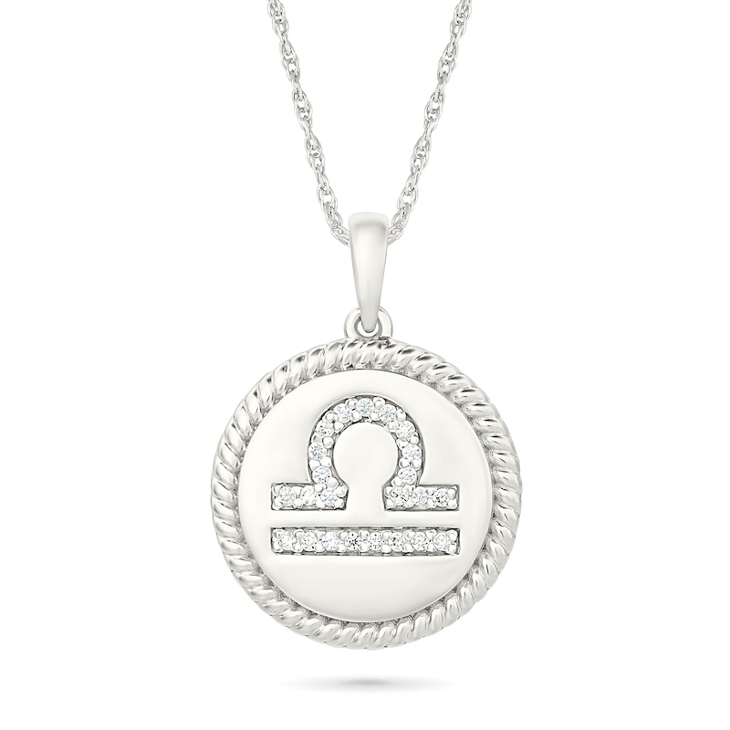 0.085 CT. T.W. Diamond Libra Zodiac Sign Rope-Textured Frame Disc Pendant in Sterling Silver|Peoples Jewellers