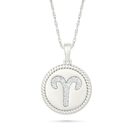 0.085 CT. T.W. Diamond Aries Zodiac Sign Rope-Textured Frame Disc Pendant in Sterling Silver
