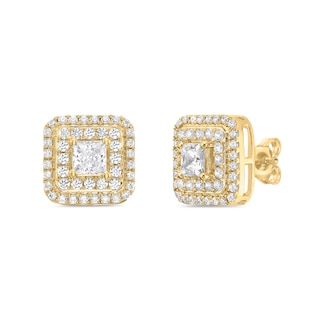 Princess-Cut Canadian Certified Centre Diamond 2.00 CT. T.W. Double Frame Stud Earrings in 10K Gold (I/I2)