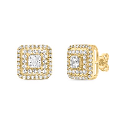 Princess-Cut Canadian Certified Centre Diamond 2.00 CT. T.W. Double Frame Stud Earrings in 10K Gold (I/I2)