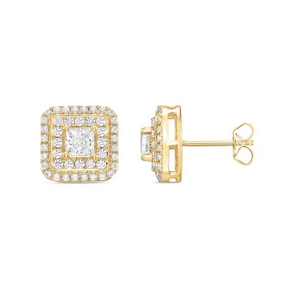 Princess-Cut Canadian Certified Centre Diamond 2.00 CT. T.W. Double Frame Stud Earrings in 10K Gold (I/I2)