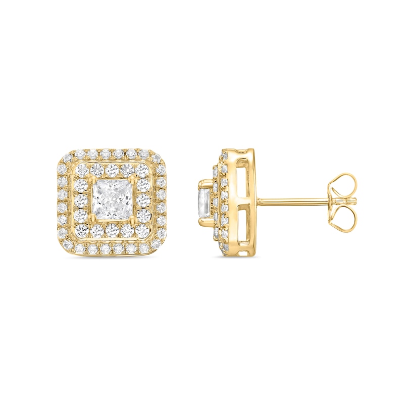 Princess-Cut Canadian Certified Centre Diamond 2.00 CT. T.W. Double Frame Stud Earrings in 10K Gold (I/I2)|Peoples Jewellers