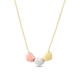 Puff Heart Trio Necklace in Hollow 14K Tri-Tone Gold - 20&quot;