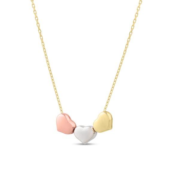 Puff Heart Trio Necklace in Hollow 14K Tri-Tone Gold - 20"