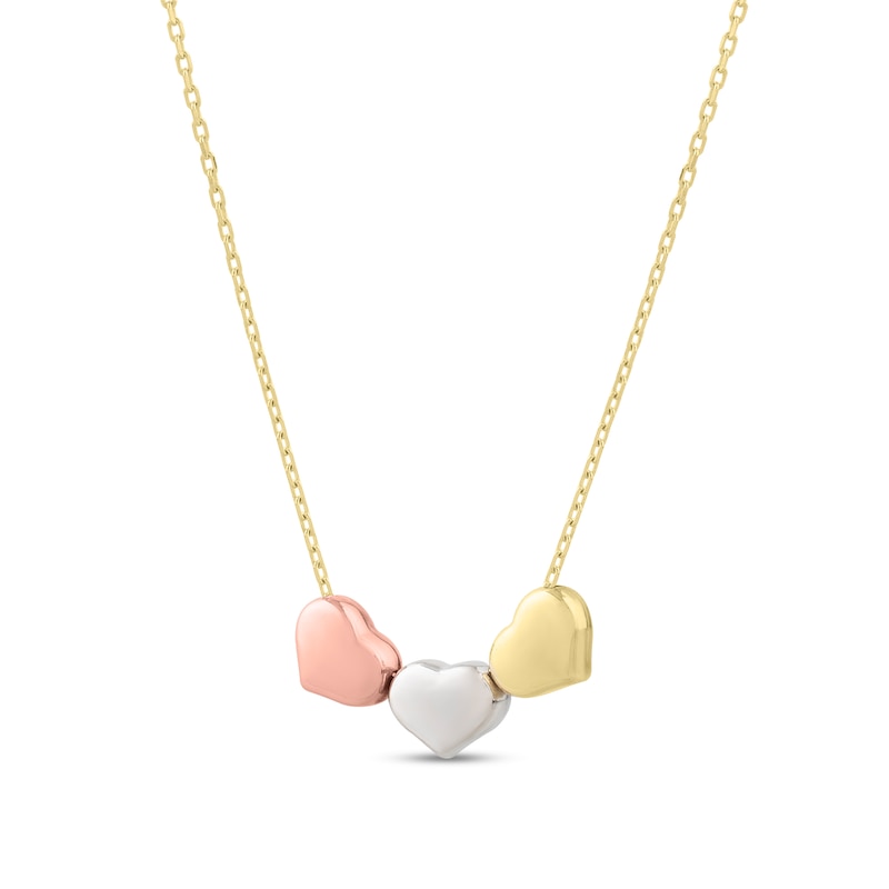 Puff Heart Trio Necklace in Hollow 14K Tri-Tone Gold - 20"