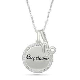 0.085 CT. T.W. Diamond Frame &quot;Capricorn&quot; Disc Pendant with Zodiac Sign Charm in Sterling Silver