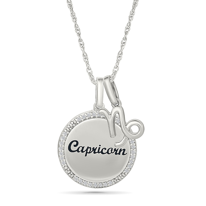 0.085 CT. T.W. Diamond Frame "Capricorn" Disc Pendant with Zodiac Sign Charm in Sterling Silver