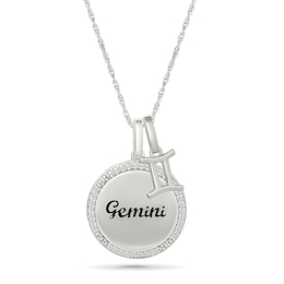 0.085 CT. T.W. Diamond Frame &quot;Gemini&quot; Disc Pendant with Zodiac Sign Charm in Sterling Silver