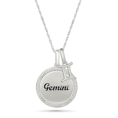 0.085 CT. T.W. Diamond Frame "Gemini" Disc Pendant with Zodiac Sign Charm in Sterling Silver