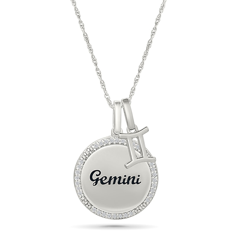 0.085 CT. T.W. Diamond Frame "Gemini" Disc Pendant with Zodiac Sign Charm in Sterling Silver|Peoples Jewellers