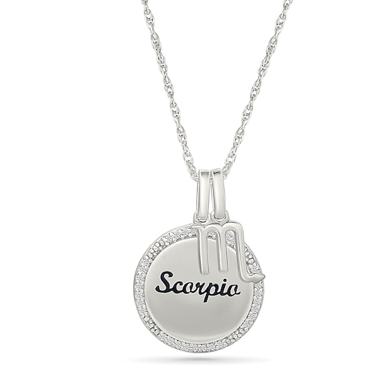 0.085 CT. T.W. Diamond Frame "Scorpio" Disc Pendant with Zodiac Sign Charm in Sterling Silver