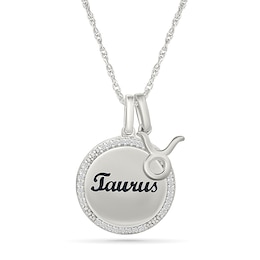 0.085 CT. T.W. Diamond Frame &quot;Taurus&quot; Disc Pendant with Zodiac Sign Charm in Sterling Silver