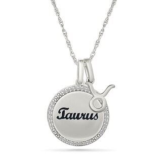 0.085 CT. T.W. Diamond Frame "Taurus" Disc Pendant with Zodiac Sign Charm in Sterling Silver