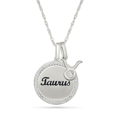 0.085 CT. T.W. Diamond Frame "Taurus" Disc Pendant with Zodiac Sign Charm in Sterling Silver