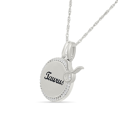 0.085 CT. T.W. Diamond Frame "Taurus" Disc Pendant with Zodiac Sign Charm in Sterling Silver