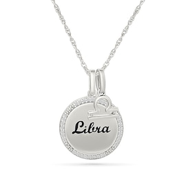 0.085 CT. T.W. Diamond Frame &quot;Libra&quot; Disc Pendant with Zodiac Sign Charm in Sterling Silver