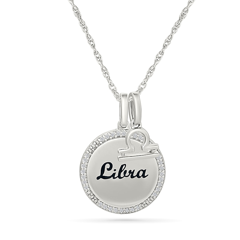 0.085 CT. T.W. Diamond Frame "Libra" Disc Pendant with Zodiac Sign Charm in Sterling Silver