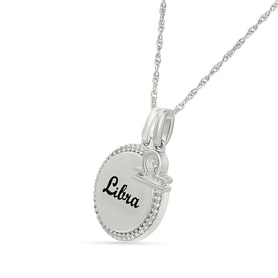 0.085 CT. T.W. Diamond Frame "Libra" Disc Pendant with Zodiac Sign Charm in Sterling Silver