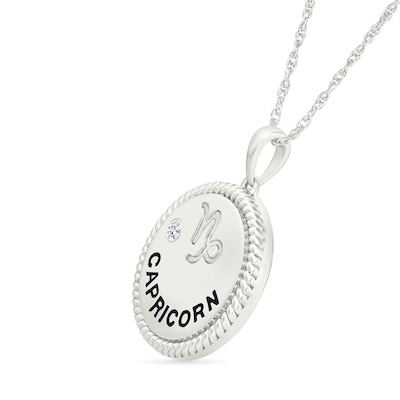 0.04 CT. Diamond Solitaire Capricorn Zodiac Sign Rope Frame Disc Pendant in Sterling Silver