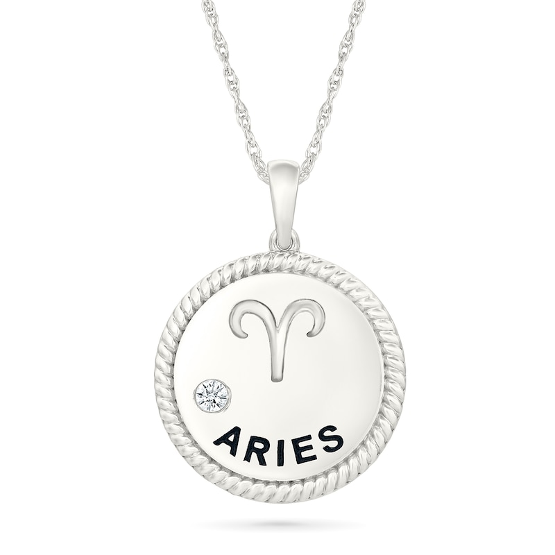 Main Image 1 of 0.04 CT. Diamond Solitaire Aries Zodiac Sign Rope Frame Disc Pendant in Sterling Silver