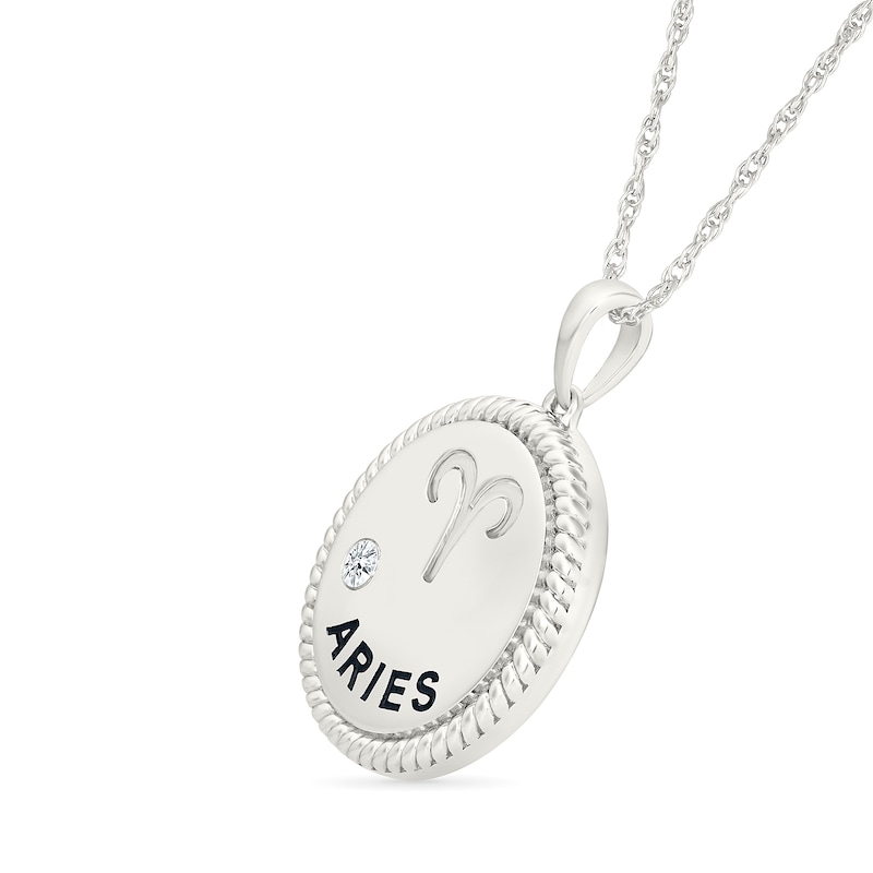 0.04 CT. Diamond Solitaire Aries Zodiac Sign Rope Frame Disc Pendant in Sterling Silver