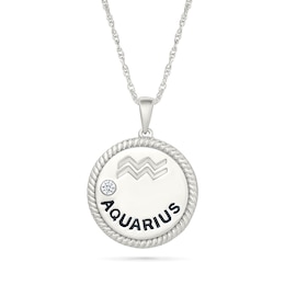 0.04 CT. Diamond Solitaire Aquarius Zodiac Sign Rope Frame Disc Pendant in Sterling Silver