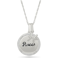 0.085 CT. T.W. Diamond Frame &quot;Pisces&quot; Disc Pendant with Zodiac Sign Charm in Sterling Silver