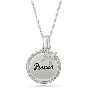 0.085 CT. T.W. Diamond Frame "Pisces" Disc Pendant with Zodiac Sign Charm in Sterling Silver